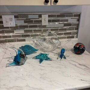 Vintage Blenko fish bowl vase Murano style art glass paper weights sea creatures